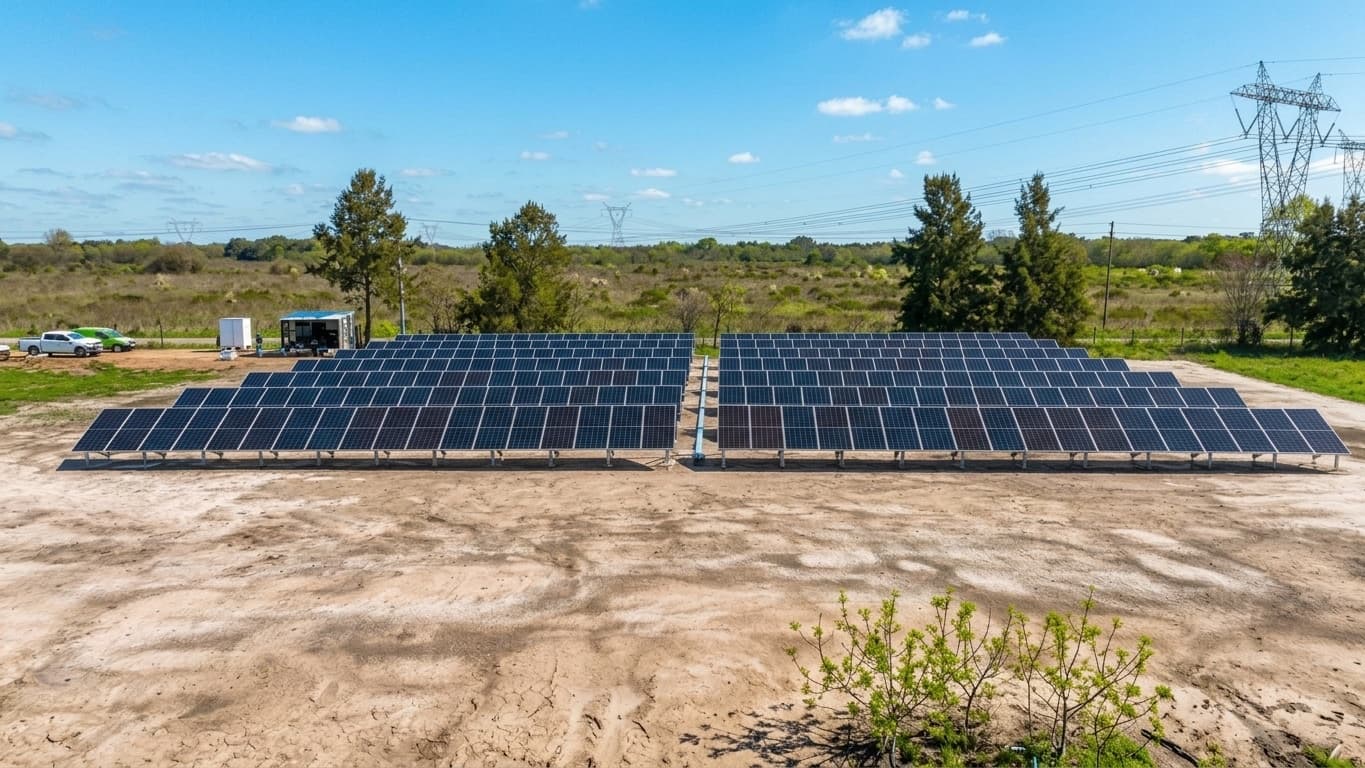 Parque solar de La Pebeta en Los Cardales, con las baterías al costado