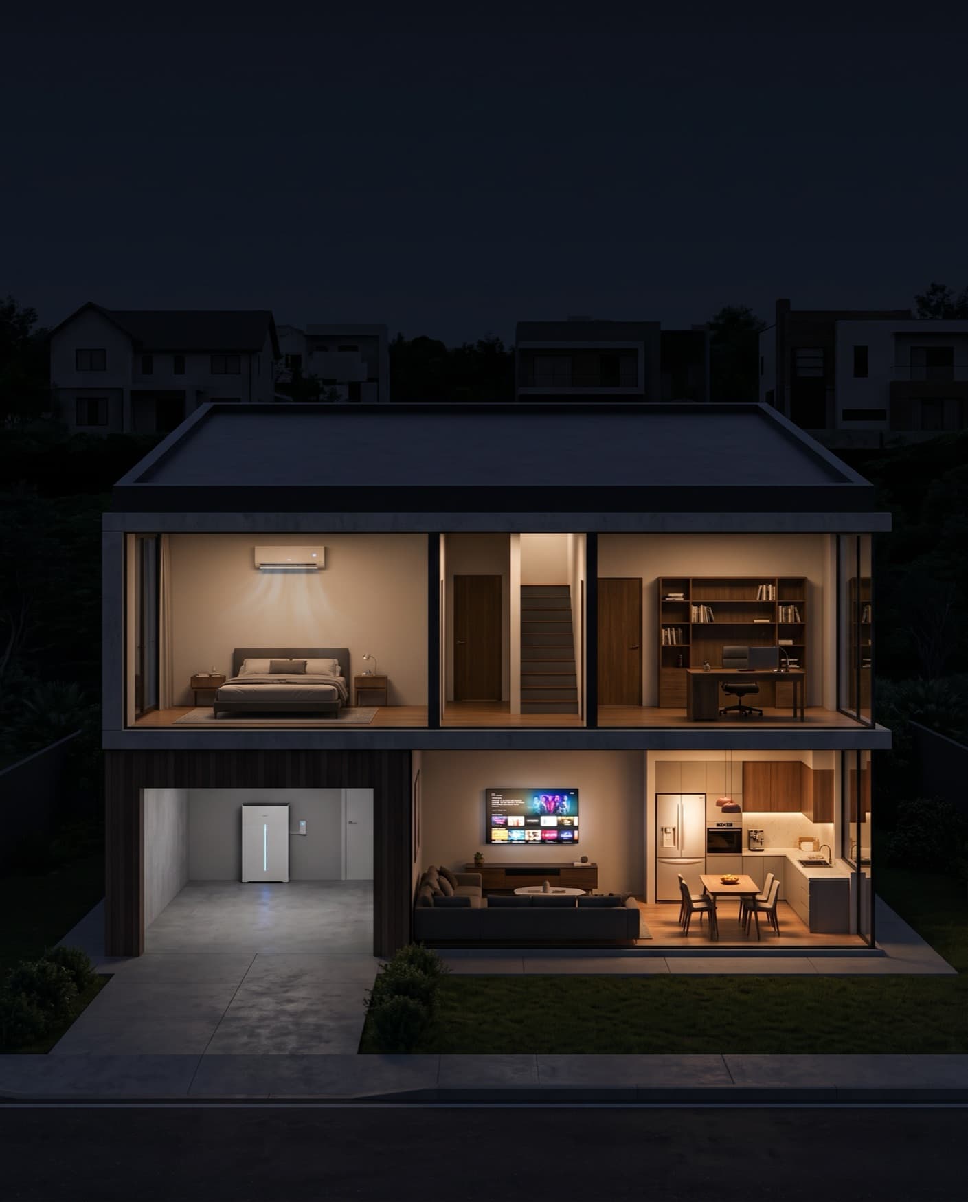 Casa con batería y paneles solares, prendida de noche mientras el barrio está sin luz