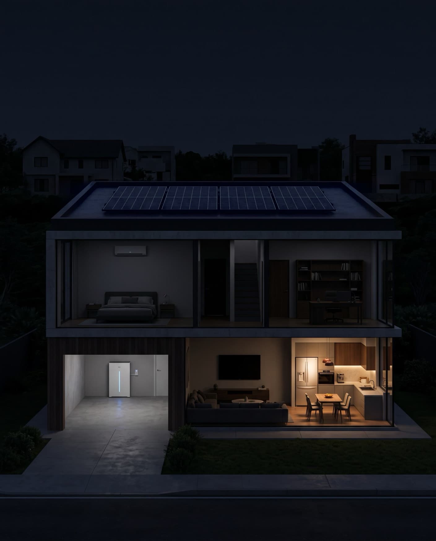 Casa con batería y paneles solares, prendida de noche mientras el barrio está sin luz