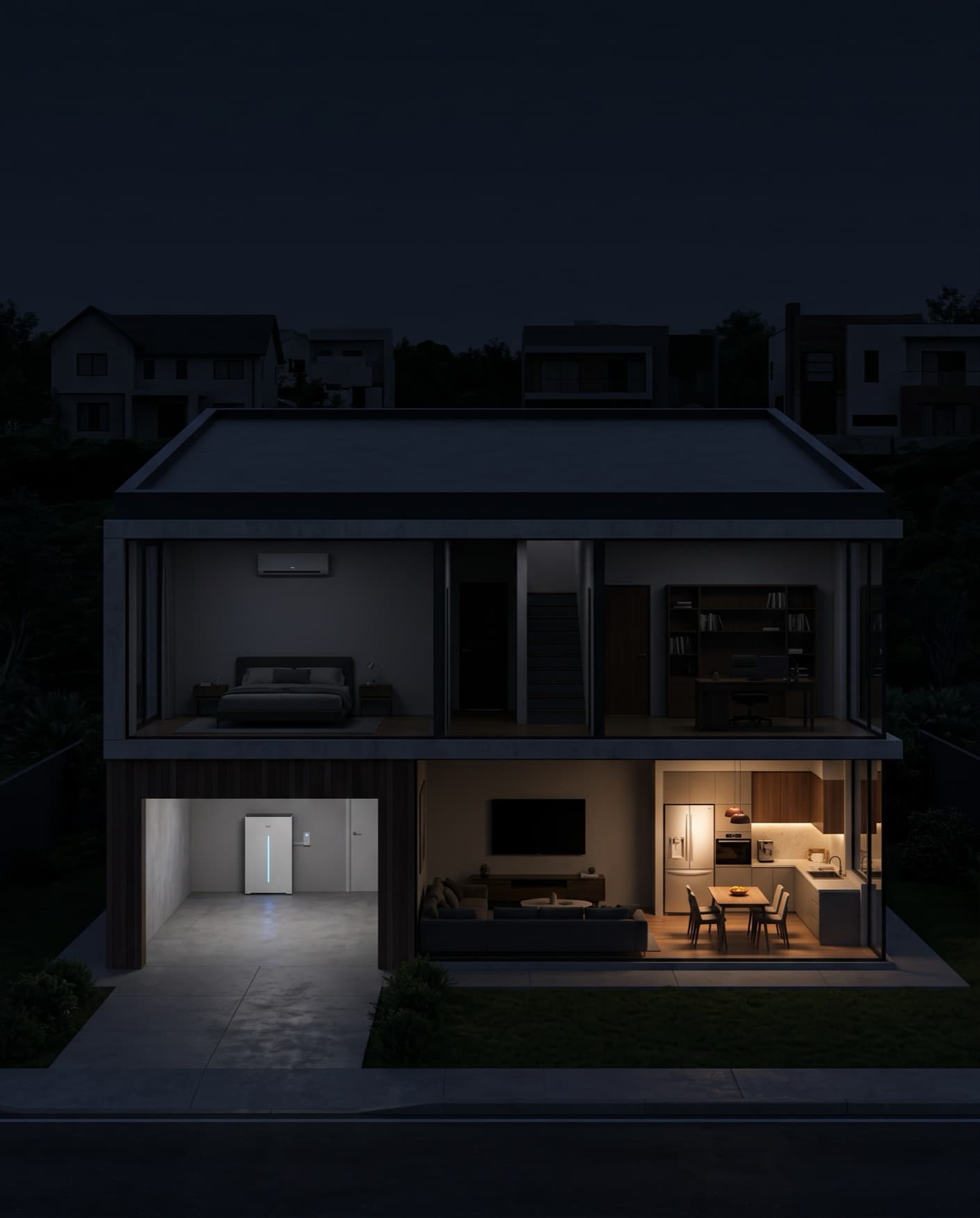 Casa con batería y paneles solares, prendida de noche mientras el barrio está sin luz