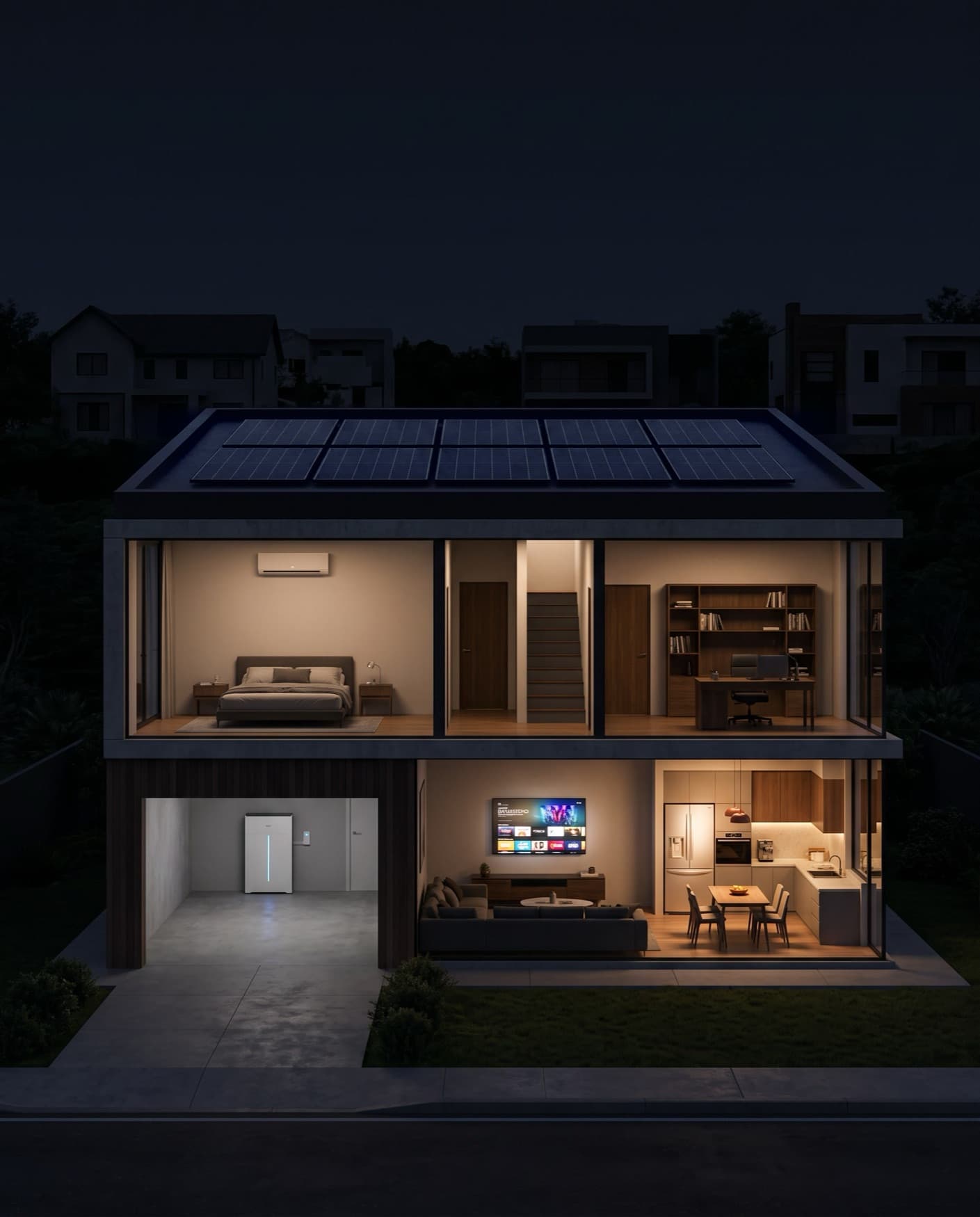 Casa con batería y paneles solares, prendida de noche mientras el barrio está sin luz