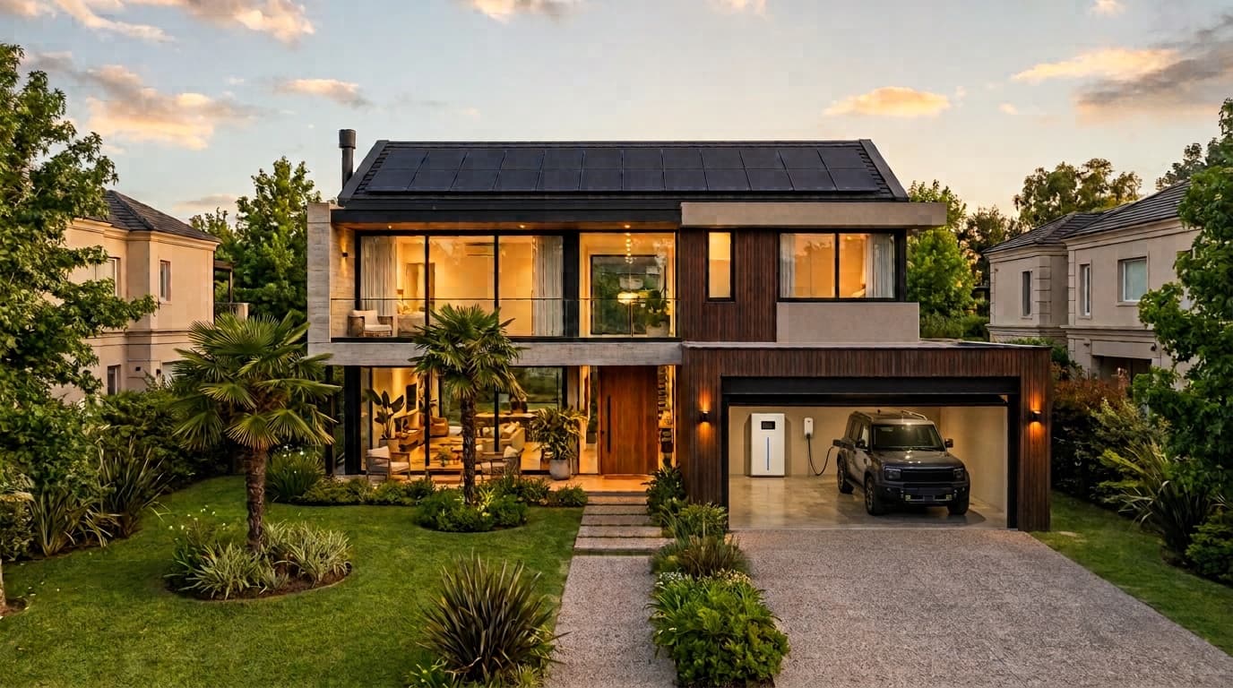Casa con paneles solares, batería y auto eléctrico en el garage al atardecer