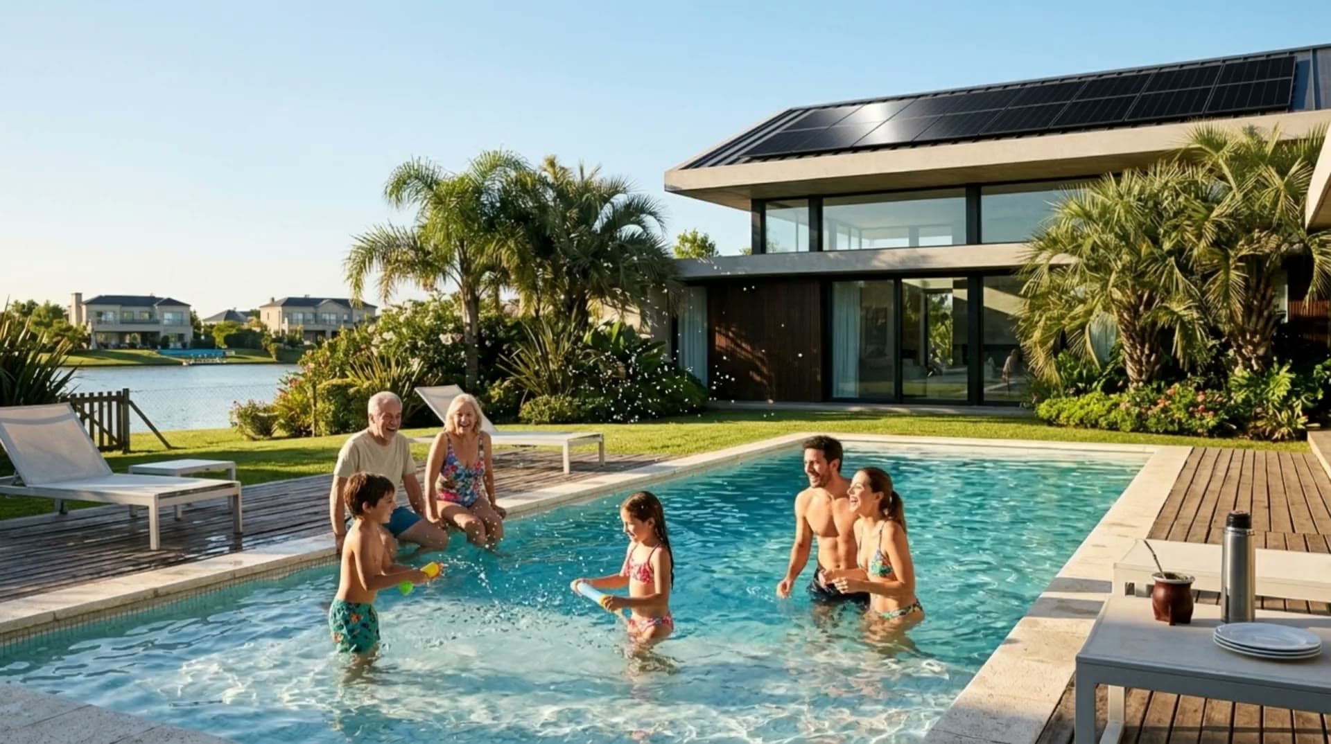 Familia en la pileta un día de verano, con paneles solares en el techo de la casa