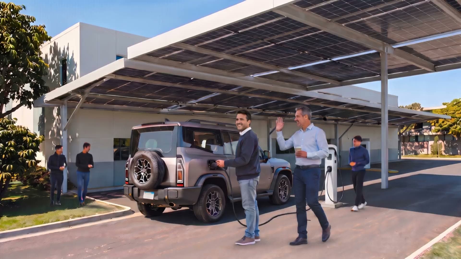 Enchufa la camioneta bajo el carport solar y lo saluda un compañero