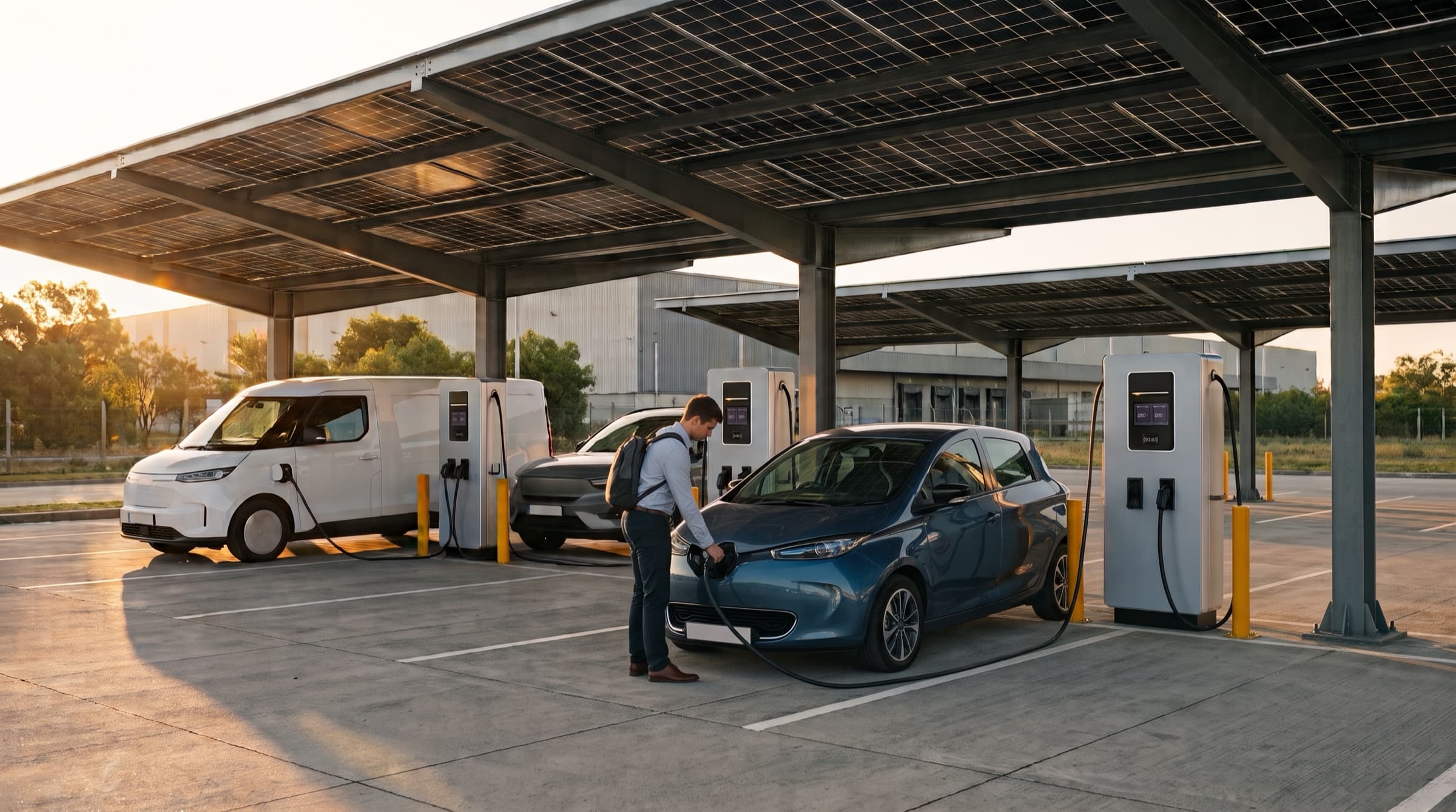 Auto eléctrico cargando en un carport solar