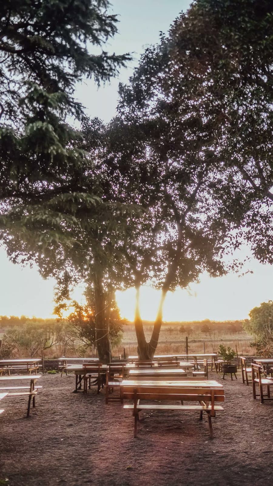 Mesas al aire libre de La Pebeta al atardecer